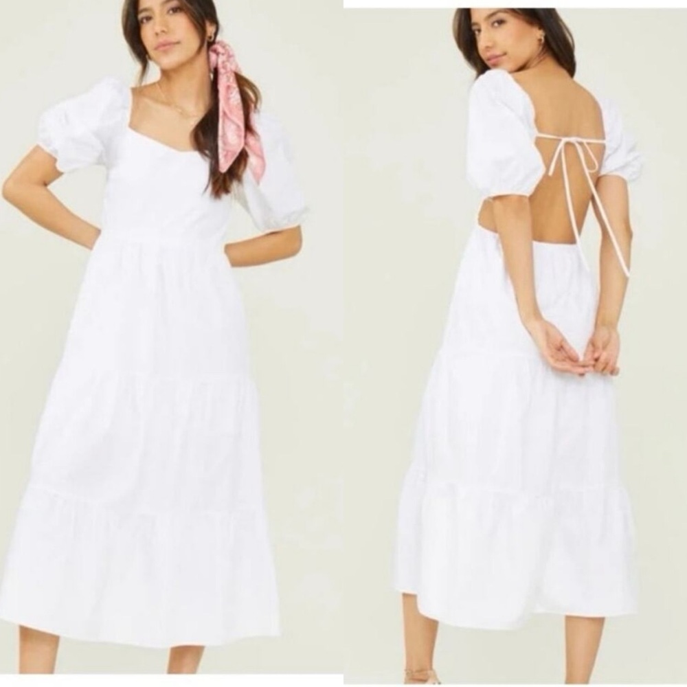 Altar'd State White Midi Puff Sleeve Poplin Tie Open Back Cottagecore Large NWT